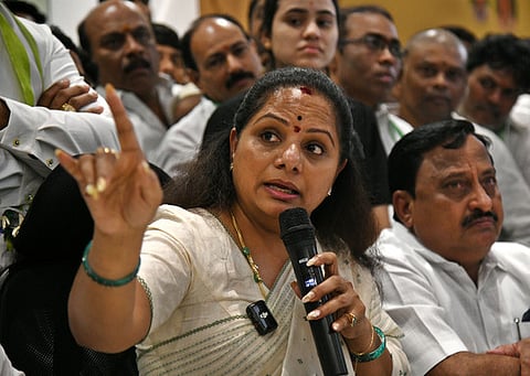 MLC K Kavitha addressing media after the suspension from BRS Party in Hyderabad on Wednesday.