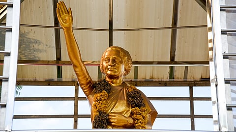 A statue of late prime minister Indira Gandhi with a worn out garland in Tiruchy 