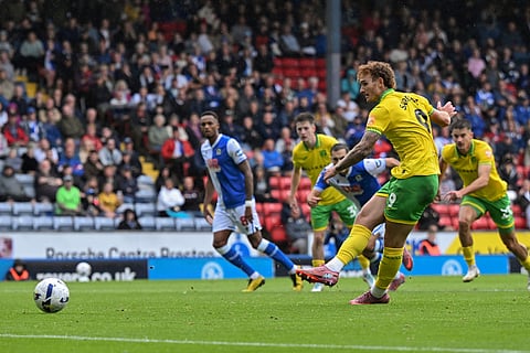 Norwich City's Josh Sargent scores his sides first goal from the penalty spot during a Sky Bet Championship soccer match against Blackburn Rovers, Saturday, Aug. 30, 2025, at Ewood Park in Blackburn, England