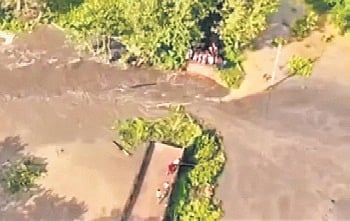 Aerial view of the collapsed bridge over Dudhei nullah in Jajpur.