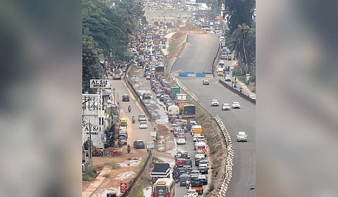 Severe traffic block along the NH service road at Kazhakoottam in Thiruvananthapuram due to the ongoing NH widening work.