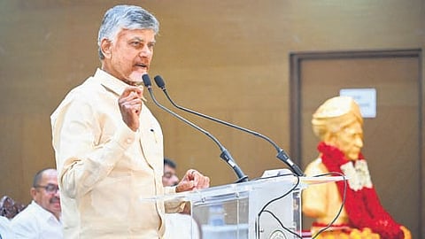 Chief Minister Nara Chandrababu Naidu speaking at a State-level event to celebrate  Teachers’ Day in Vijayawada on Friday.
