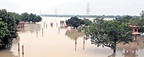 Vasudev Ghat completely submerged by raging Yamuna River water.