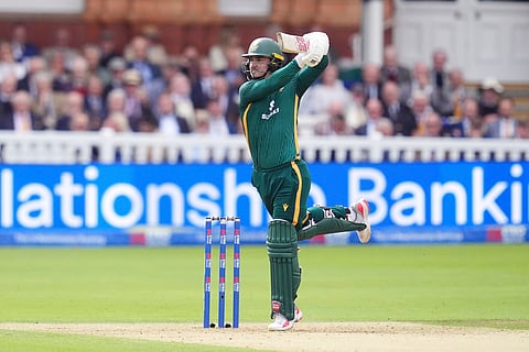South Africa's Matthew Breetzke hits a boundary for four during the second Metro Bank ODI Series cricket match between England and South Africa, at Lord's, in London, Thursday Sept. 4, 2025.