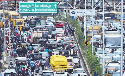 Heavy traffic congestion at Benz Circle in Vijayawada 