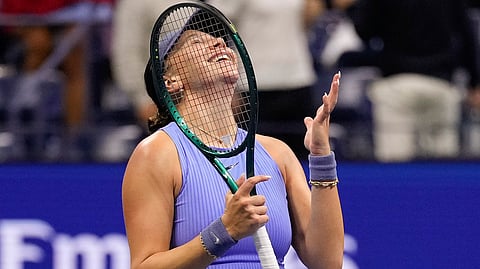 Amanda Anisimova, of the United States, reacts after defeating Naomi Osaka, of Japan, during the women's singles semifinals of the U.S. Open tennis championships, Friday, Sept. 5, 2025, in New York.