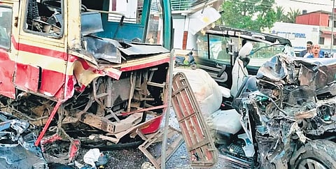 The mangled remains of the KSRTC bus and the SUV at Oachira in Kollam.
