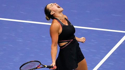 Aryna Sabalenka, of Belarus, reacts after defeating Jessica Pegula, of the United States, during the women's singles semifinals of the U.S. Open tennis championships, Thursday, Sept. 4, 2025, in New York.