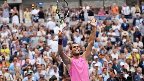 Carlos Alcaraz, of Spain, celebrates after defeating Novak Djokovic, of Serbia, during the men's singles semifinals of the U.S. Open tennis championships, Friday, Sept. 5, 2025, in New York.