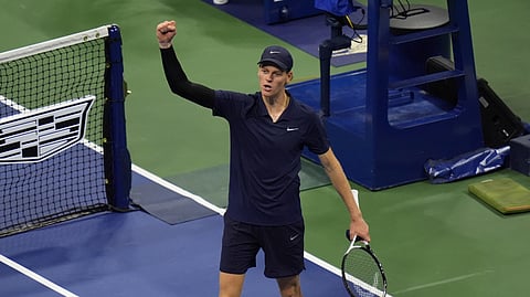 Jannik Sinner, of Italy, reacts after defeating Felix Auger-Aliassime, of Canada, during the men's singles semifinals of the US Open tennis championships, Friday, Sept. 5, 2025, in New York.