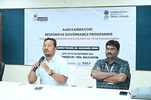 Malkangiri ITDA Project Administrator Haladhar Sabar speaking at the training.
