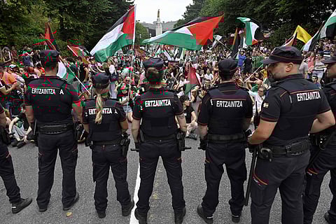 Pro-palestinian protesters during the Vuelta 11th stage in Bilbao, spain on September 3
