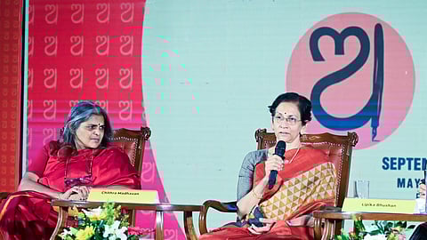 Consultant and Author Lipika Bhushan in conversation with historian Mahalakshmi Ramakrishnan and historian Chithra Madhavan during the session Reclaiming History: An Evolving Study at OLF in Bhubaneswar on Saturday.