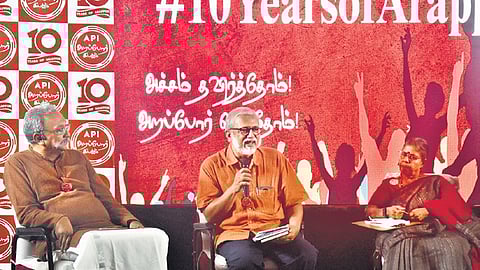 Volunteers mark the 10th anniversary of Arappor with a special song at Sir Pitty Thyagaraya Hall, T Nagar, on Sunday