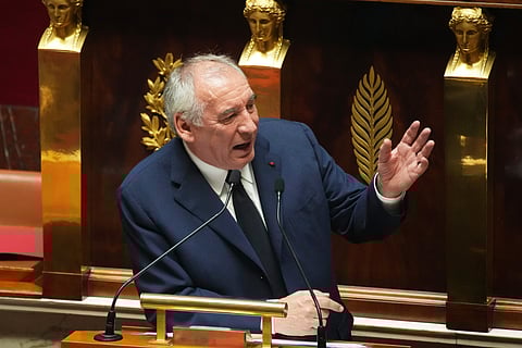 French Prime Minister Francois Bayrou addresses the National Assembly, prior to a parliamentary confidence vote that could bring him down, Monday, Sept. 8, 2025 in Paris.