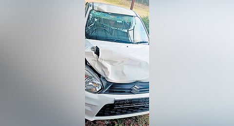 The severely-damaged remains of the car after the elephant attack at 31st hairpin bend at Geddai 