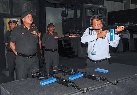 Lieutenant General Dhiraj Seth, PVSM, AVSM, General Officer Commanding-in-Chief (GOC-in-C), Southern Command at the Adani Defence & Aerospace in Hyderabad.