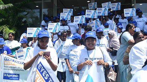Youngsters take part in an eye health awareness programme organised by Dr Agarwals hospital in the occasion of 40th National Eye Donation Fortnight in Vijayawada on Monday.