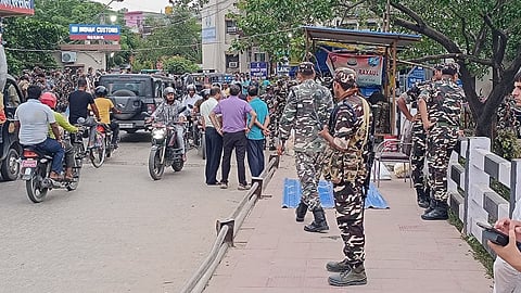 Bihar police and SSB personel carrying out checking on Indo-Nepal border at Raxaul in East Champaran district on Tuesday.