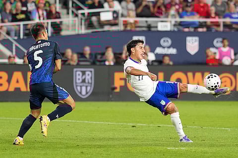 United States' Alejandro Zendejas (17) shoots and scores during the first half of a friendly soccer match against Japan, Tuesday, Sept. 9, 2025, in Columbus, Ohio.