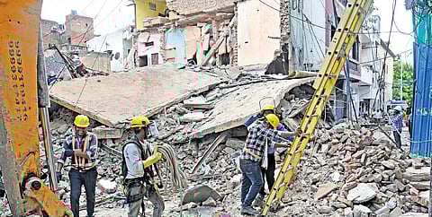 Four-storey building collapses in Subzi Mandi area on Tuesday.
