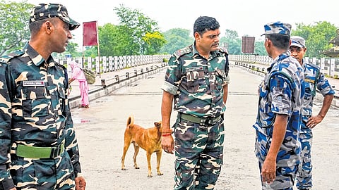 Sashastra Seema Bal and Nepal’s Armed Police Force personnel after the border 
got sealed for regular movement in Bihar’s Raxaul on Wednesday.