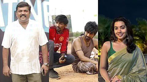 From L to R: Kaali Venkat, director Vishal Venkat and Arjun Das on the set of Bomb, and Shivathmika