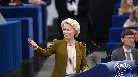European Commission President Ursula von der Leyen gestures as she delivers a major State of the Union speech at the European Parliament in Strasbourg, eastern France, Wednesday, Sept. 10, 2025.