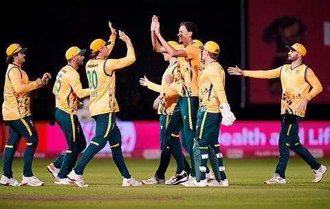 South Africa's Marco Jansen, center, celebrates taking the wicket of England's Jacob Bethell during the first International T20 cricket match at Sophia Gardens in Cardiff, Wales, Wednesday, Sept. 10, 2025.