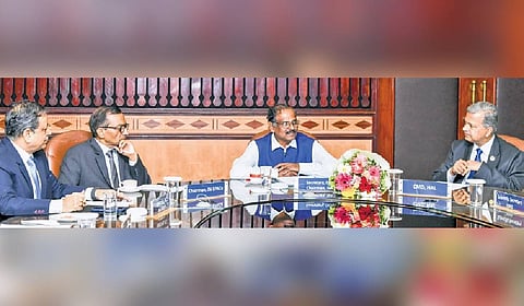 ISRO Chairman V Narayanan during the signing of an agreement between NewSpace India Limited, ISRO, IN-SPACe and HAL on Wednesday.