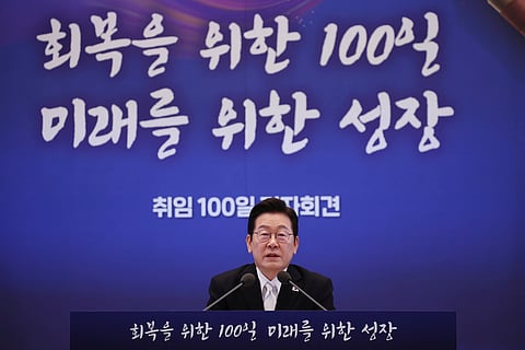 South Korean President Lee Jae Myung speaks during a news conference to mark 100 days in office at the Blue House in Seoul, South Korea, Sept, 11, 2025. 
