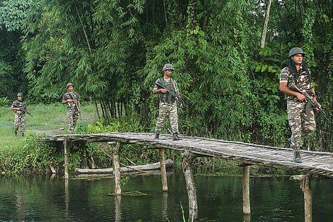 Sashastra Seema Bal (SSB) conducts patrolling along the Indo-Nepal Border to curb infiltration amid ongoing Nepal unrest, on Thursday. (SSB/ANI Photo)