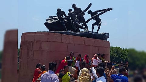 The sanitary workers were protesting near Labour Statue at Marina Beach when they were detained by the police.