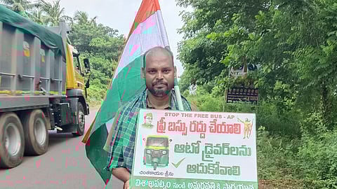 An autorickshaw driver from Visakhapatnam, Chintakayala Srinu, has undertaken a padayatra to Amaravati protesting against the free bus travel for women.