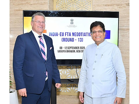 Commerce and Industry Minister Piyush Goyal (right) with European Commissioner for Trade and Economic Security Maroš Šefčovič