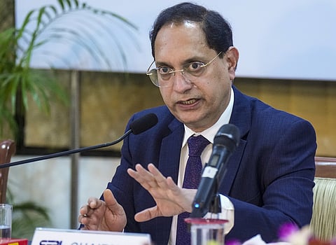 Securities and Exchange Board of India (SEBI) Chairman Tuhin Kanta Pandey addresses a press conference in Mumbai.
