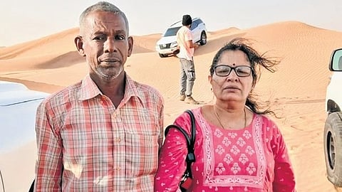 Purushothaman and wife Sarojini during a  desert safari in Dubai.