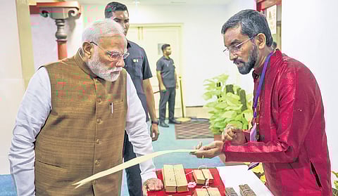 Prime Minister Narendra Modi visits an exhibition during International Conference on Gyan Bharatam, in New Delhi.