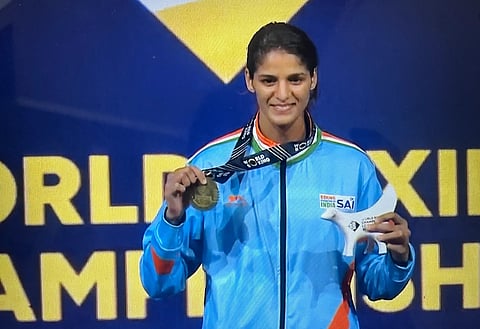 Jaismine Lamboria celebrates her gold-medal victory in Liverpool on Saturday