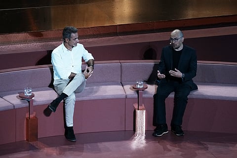Demis Hassabis, CEO of Google's artificial intelligence research company DeepMind, right, and Greece's Prime Minister Kyriakos Mitsotakis discuss the future of AI, ethics and democracy during an event at the Odeon of Herodes Atticus, in Athens, Greece, Friday, Sept. 12, 2025. 