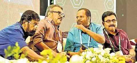 Minister M B Rajesh, MLA K N Unnikrishnan, Mayor M Anilkumar and GCDA chairman K Chandran Pillai at the Kerala Urban Conclave closing ceremony in Kochi