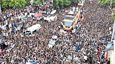 TVK founder Vijay welcomed by a sea of people during his first campaign rally in Tiruchy on Saturday 