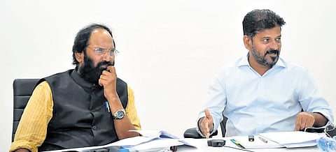 Chief Minister A Revanth Reddy, along with Irrigation Minister N Uttam Kumar Reddy,  chairs a review meeting at the Integrated Command Control Centre in Hyderabad