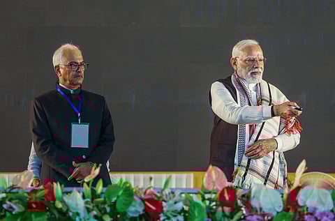 In this image received on Sept. 13, 2025, Prime Minister Narendra Modi with Manipur Governor Ajay Kumar Bhalla during the inauguration of various development projects, in Imphal, Manipur. 