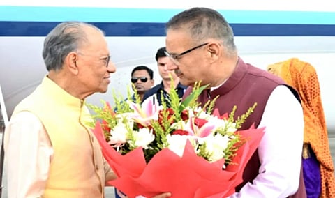 Uttarakhand Agriculture Minister Ganesh Joshi welcomes Mauritius Prime Minister Navinchandra Ramgoolam at Jolly Grant Airport in Dehradun on Friday.