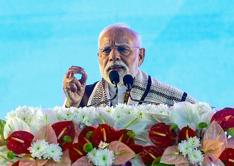 In this image received on Sept. 13, 2025, Prime Minister Narendra Modi speaks during the inauguration of various development projects, in Imphal, Manipur.