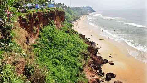 The red laterite cliffs overlooking the  Arabian sea in Varkala