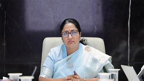 Delhi Chief Minister Rekha Gupta speaks during a meeting at the secretariat.