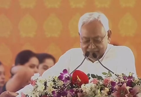 Bihar Chief Minister Nitish Kumar speaking at a rally in Purnea. 