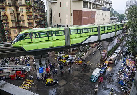 Monorail train stopped on tracks due to technical issue, in Mumbai, Monday, Sept. 15, 2025. 